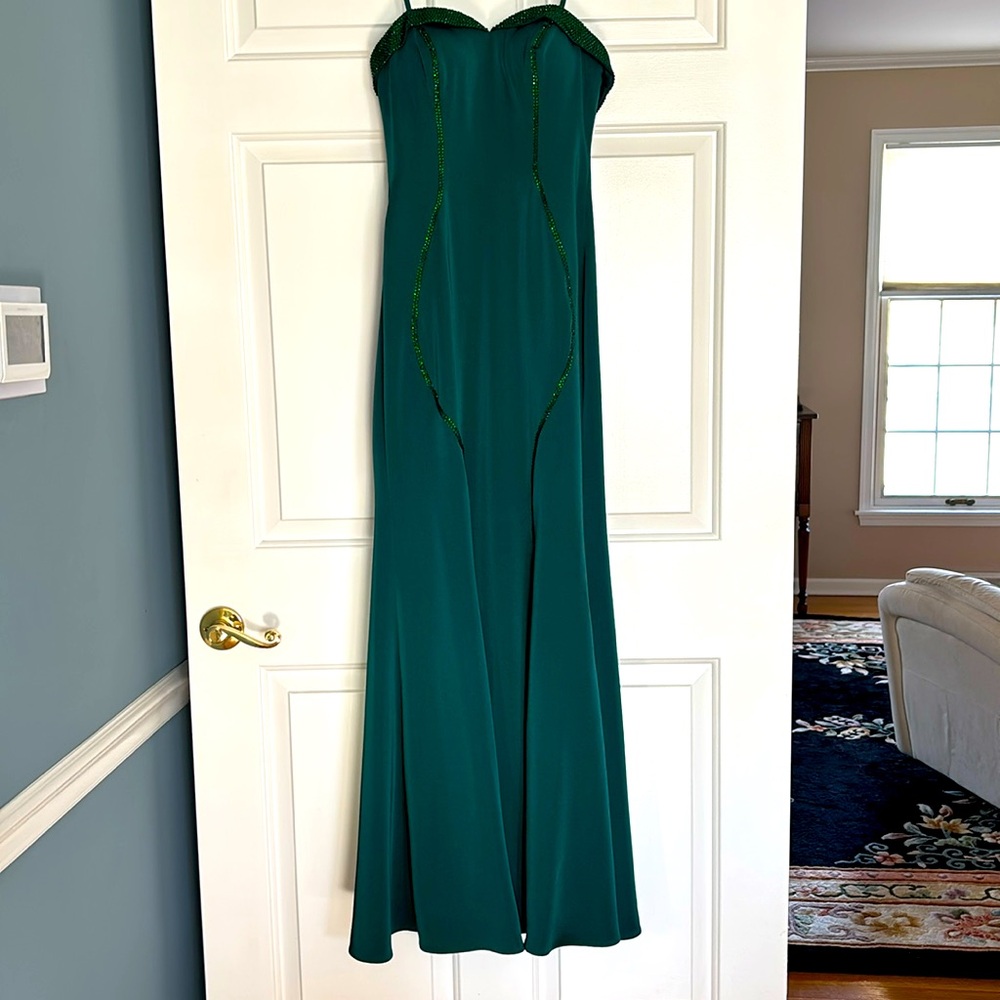 Emerald green strapless prom gown